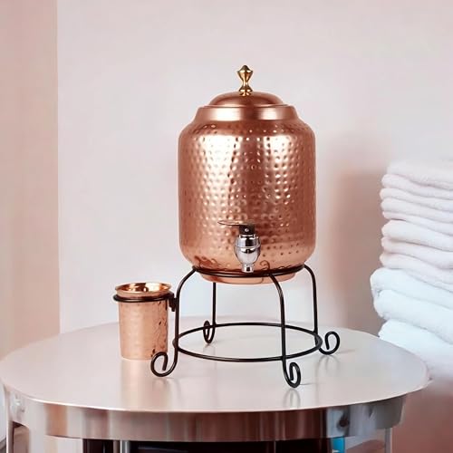 Image of 5 Litre Pure Copper Water Dispenser with Stand & 1 Copper Glass | Pure Copper Matka /Container Pot for Drinking Water Hammered | Ayurvedic Health Benefits (5000 ml)