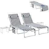 Outsunny Tanning Chair Set of 2 with Face Hole, Side Table, 5-Position Reclining Folding Chaise Lounge Chair Outdoor Lounger Recliner, Carry Straps for Beach Pool Camp, Oxford Fabric, Blue and White