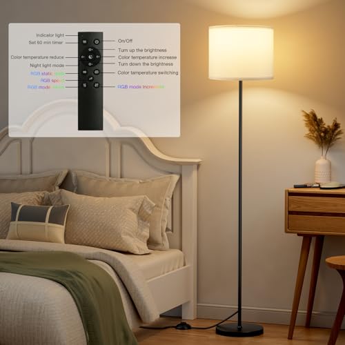 Image of Ambimall Floor Lamp for Living Room with Smart Light Bulb, RGB + Stepless Dimmable Colors Temperature & Brightness(White Shade & Black Pole)