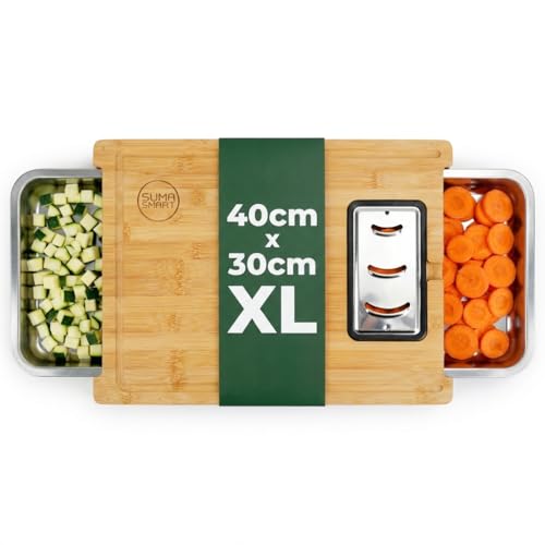 Suma Smart Planche à découper en bambou - Extra large - Planche à découper en bambou avec 2 bacs de récupération et 4 râpes interchangeables - Kit complet, version améliorée pour une cuisine
