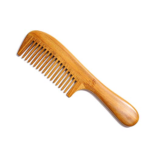 Xuanli Natural Green Sandalwood Wooden Comb - NO SNAGS, NO TANGLE, NO STATIC (Short Handle - Standard Tooth) (M028)