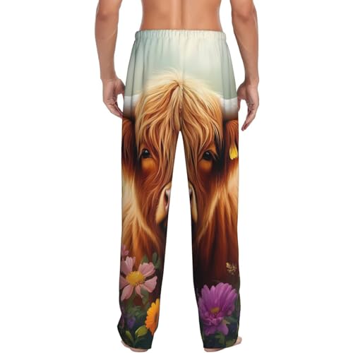 Countryside Colorful Floral Cow Pattern Men's Pajama Pants Lightweight Lounge Sleepwear Bottoms with Pockets ()4