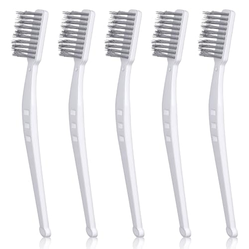 5PCS Stainless Steel Small Wire Brushes Shimmeroo Heavy Duty Reinforced Bristle Cleaning Brushes 18cm White Handle Wire Brush for Kitchen Industrial Use Walnut Carving Gaps Rust Removal Polishing