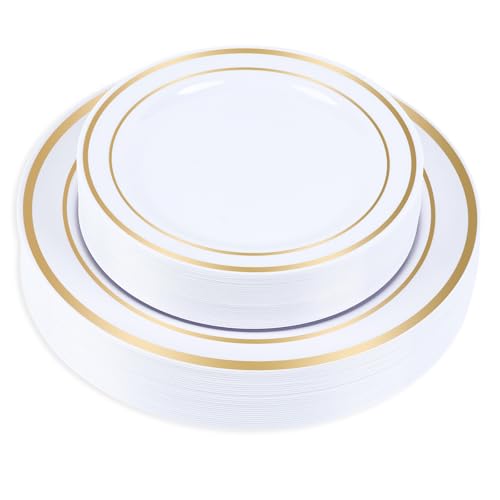 HOME BREEZE Gold Rim Plastic Plates Set of 60 Count, Disposable Plates with Gold Rim 30 Dinner Plates 10