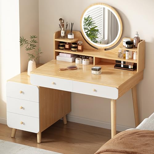 Vanities and Vanity Benches with 3 Color Touch Screen Mirror, Desk Vanities with Chair, Dressing Table Set for Room Decor and Gifts, 80cm