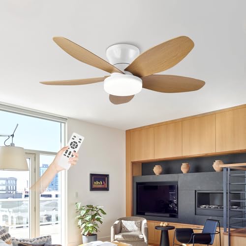 Ventilador De Techo Con Luz Silencioso Y Mando A Distancia, LED Regulable Lampara Ventilador Techo Dormitorio, 3CCT/6 Velocidades, DC Motor,Temporizador Para Dormitorio Salón-White+WoodGrain||36in