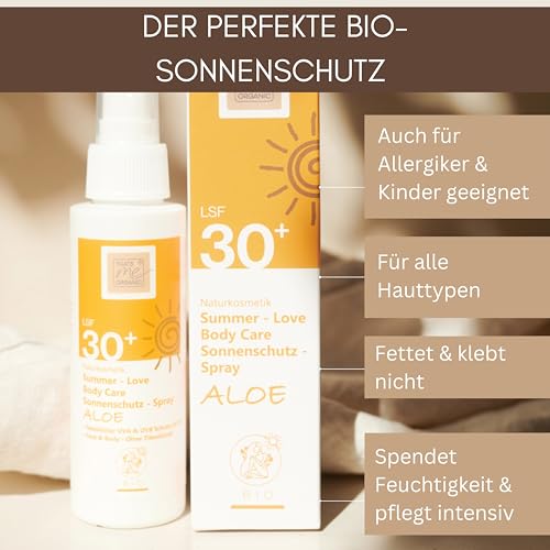 Thats me organic BIO Sonnenspray LSF 30 SUMMER-LOVE Aloe 100ml – Bio Sonnencreme für die ganze Familie – Sonnenspray Gesicht und Körper – Ohne Titandioxid – Bio Sonnencreme ohne Chemie