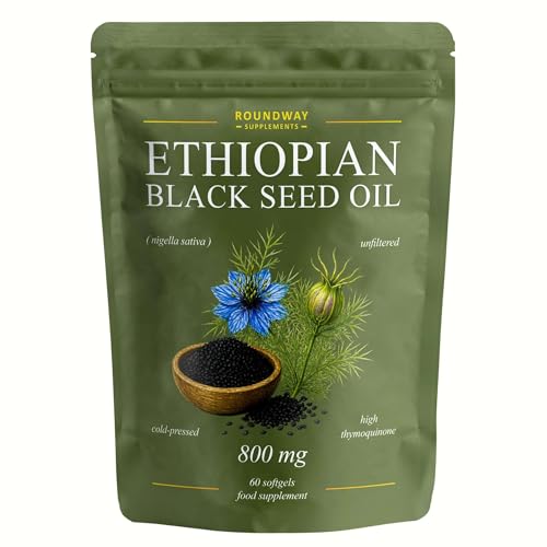 Ethiopian Black Seed Oil | Cold-Pressed and Unfiltered 800mg Nigella Sativa with 5% Thymoquinone for Hair Skin Immune & Joint Health | Roundway Supplements