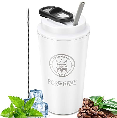 FORWEWAY Thermobecher Isolierbecher Kaffee to go Becher Travel Mug Edelstahl Auslaufsicher Coffee Mug mit Deckel Stroh Autobecher Dicht 500ml für heiße und kalte Getränke (Matt-weiß) Cover