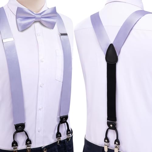 Image of Hi-Tie Men Suspender Bowtie Set Suspenders Pre-tied Bow Tie Pocket Square Cufflinks Adjustable Y Shape 6 Clips Braces Tuxedo