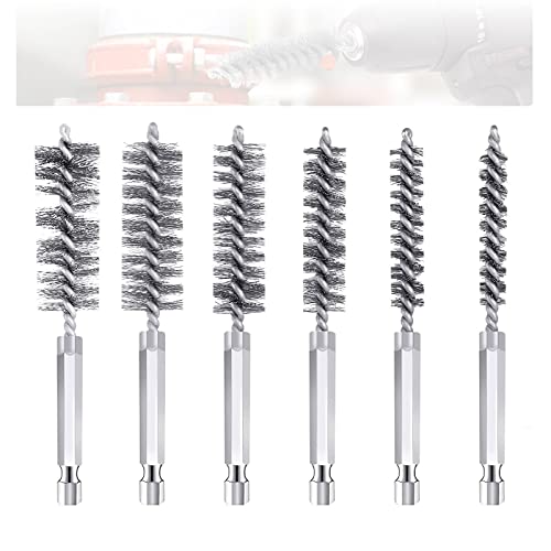 Cepillo Metálico Cilíndrico, 6Pcs Cepillo de Alambre con Varilla Hexagonal 1/4 Cepillo para Calderas de Acero Inoxidable en Diferentes Tamaños para Taladros de Percusión
