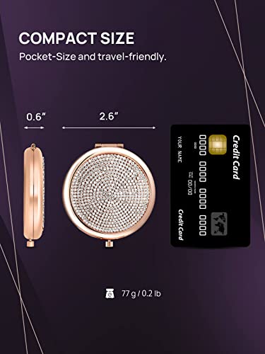Omiro Compact Mirror, Mini Small Diamond 1X/2X Magnifying Round Metal Pocket Makeup Mirror (Rose Gold) #TOP3