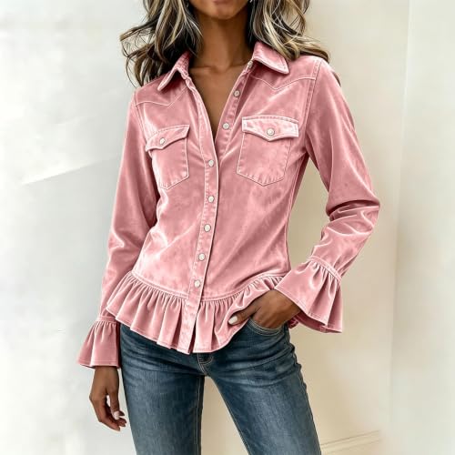 ENCURKUS Womens Velvet Long Sleeves Blouses Western Button Pocket Shirts - image 5