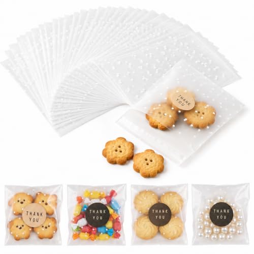 BTSD-home 100 Stück Selbstklebend Zellophantüten Transparent Cellophantüten klein Kekstüten mit 17 Aufklebern für Geburtstag Hochzeit Dankeschön(weiß gepunktet 10x10cm)