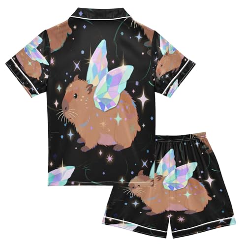 Satin Pajama Sets Short Sleeve Magical Guinea Pig with Wings Button Down Silky Nightwear 2 Piece PJS 5-14Y2