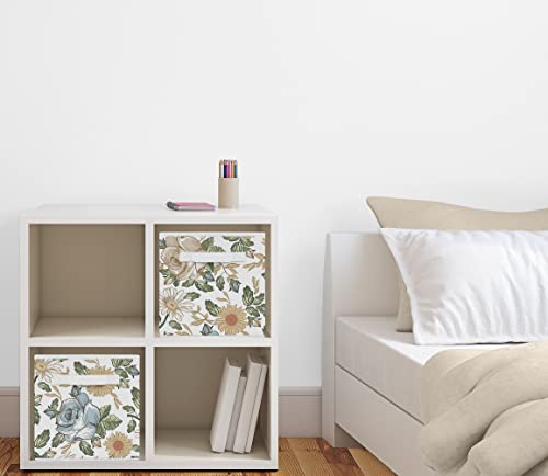 Image of Sweet Jojo Designs Vintage Floral Blue Yellow Foldable Fabric Storage Cube Bins Boxes Organizer Toys - Set of 2 - Slate Green Gold Orange Taupe Beige Shabby Chic Rose Flower Boho Bohemian Farmhouse