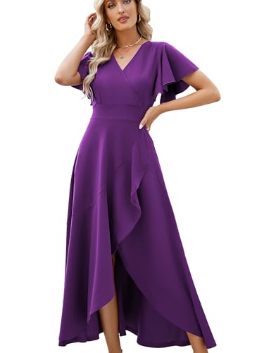 Image of Long Black Formal Dresses for Women Gowns Evening Party Cocktail Dress,Split Elegant V Neck Wrap Ruffle Wedding Guest Dresses
