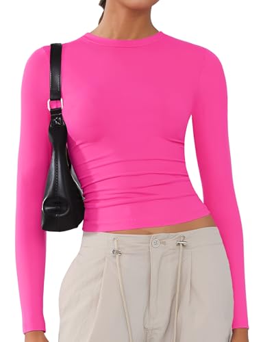 Women's Soft Long Sleeve Shirts Crew Neck Tops Basic Tees Stretchy Going Out Crop Tops Y2K Slim Fit T-Shirts