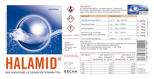Halamid Chloramin-T das Original von Axcentive - Professionelles Desinfektionsmittel Viren Bakterien Pilze einzellige Ektoparasiten Koiteich und Aquakultur 1kg Dose