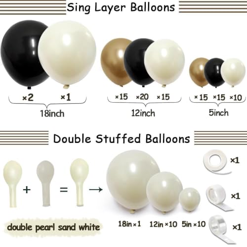 Image of Black White Gold Balloon Garland Double Stuffed, Pearl Sand Champagne Gold Balloons Cream Beige Balloon Arch Kit for Halloween Birthday Wedding Anniversary Graduation New Year Party Decorations