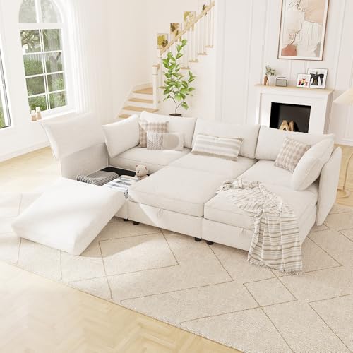 Image of 95.5 inch Chenille Modular Sectional Sofa Bed Hidden Storage, Convertible L U Shaped Sleeper Couch, 6 Seat Modern Modular Sectional Sofa with Removable Covers & Ottoman Chaise, for Living Room, Beige