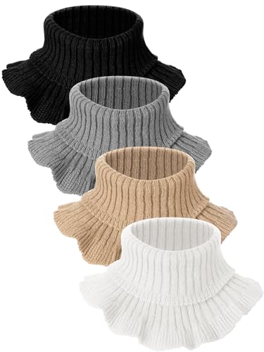 Fourluoo 4 Pcs Winter Fake Turtleneck for Women Detachable High Ruffle Dickey Half Top Collar Warm Hand Knitted Fake Collar(Dark Colors,Lace Trim)