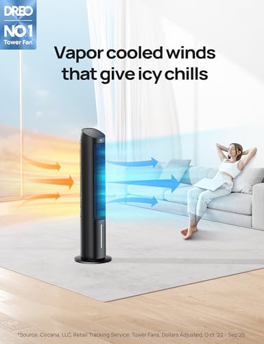Image of DREO Evaporative Air Cooler, 40 inch Standing Fans that Blow Cold Air, 80 Oscillating Bladeless Cooling Fan for Bedroom, Swamp Cooler, Removable Water Tank, Ice Pack, Remote, 3 Mode 4-Speed, Black