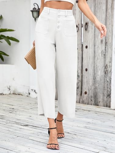 Famulily Womens Cropped Palazzo Pant Linen Wide Leg Capris Casual Dressy Work Crop Pants with Pockets White S