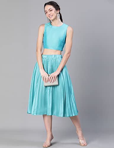 Image of oxolloxo Women Solid Blue Dupion Silk Pleated & Elasticated Skirt