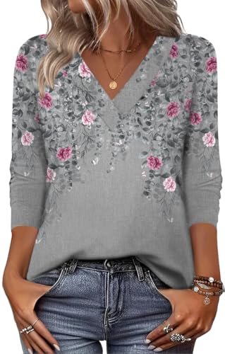 Zeagoo Fall Tops for Women Casual Long Sleeve Shirts Boho Tshirts V Neck Tee Going Out Clothes