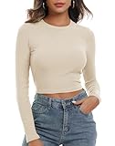 Artfish Women's Round Neck Long Sleeve Knit Ribbed Fitted Crop Top Casual Basic Shirts Beige Apricot, S