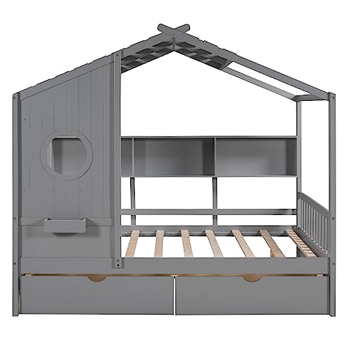 Image of Modern Full Size House Bed with Roof and Window, Wooden Daybed Frame with Shelves and 2 Drawers,Bedroom Furniture for Girls & Boys (Gray+2 Drawers*)