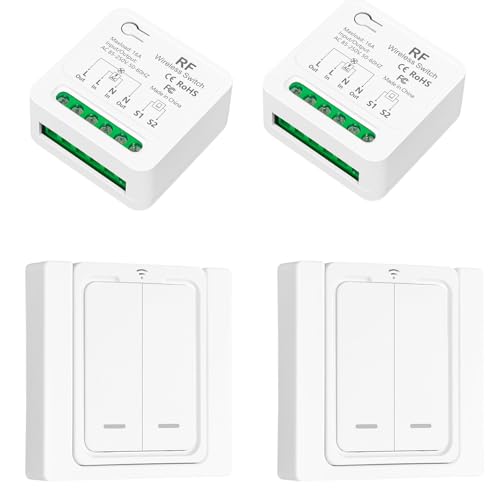 Tedeligo Interruptor inalambrico, Emisor De Radio Móvil Y Emisor De Pared 2 En 1, Mini Receptor Funciona Con Interruptor De Panel De Pared, Para Lámparas De Hasta 220V 3500W(2interruptor 2receptor)