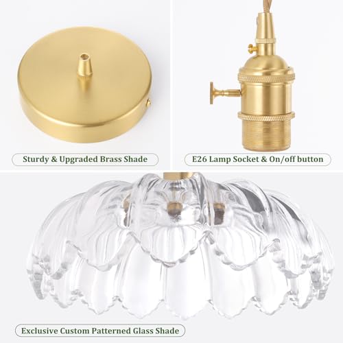 Image of Shenmoyl Pendant Light with Clear Scindapsus Glass Lmapshade, Brass Vintage Pendant Light Adjustable Hanging Light for Kitchen Island Dining Room Hallway