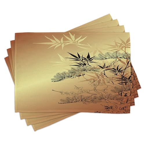 ABAKUHAUS Manteles Individuales japoneses (8 Unidades), diseño de Ramas y bambú con llamativa ilustración de Hojas, Tela Lavable, decoración para Comedor, Cocina, impresión Digital, Amarillo ámbar