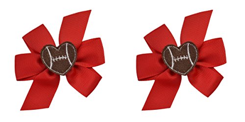 Football Heart Grosgrain Bow No Slip Hair Clip Set By Funny Girl Designs (Alligator Clip (All Hair Types), Red)