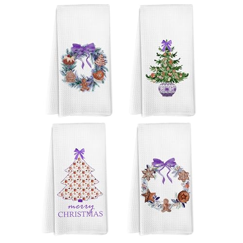 Yorhifa Toalla de cocina de pan de jengibre, paños de cocina decorativos de Navidad morados para decoración de cocina, decoración de pan de jengibre para cocina, baño, decoración de Navidad para baño,