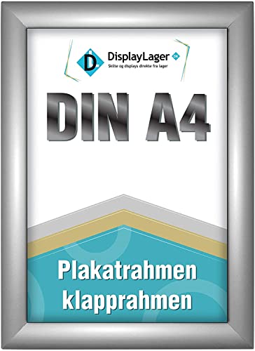 DisplayLager, Dänische Qualität - Klapprahmen mit 25mm Aluminium Profil, Entspiegelter Schutzscheibe, Befestigungsmaterial (Silber, A4)
