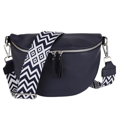 MIRROSI® Bauchtasche Damen, Veganleder 26x18x9cm, Umhängetasche, Brusttasche, Crossbody bag, Kunstleder leder, verstellbare Schulterriemen Bohemian Style (Navy)