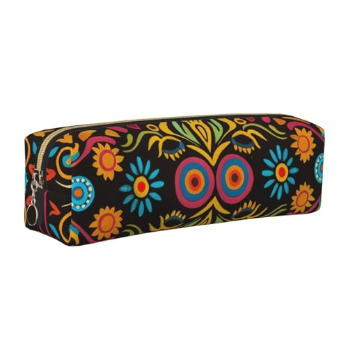 kkvhhyuo Mexican Folk Art Boho Print Leather Pencil Case Portable Stationery Bag Pencil Pouch Slim Design Pen Bag with Gold Zipper Pocket Size for or Student Office College Middle School
