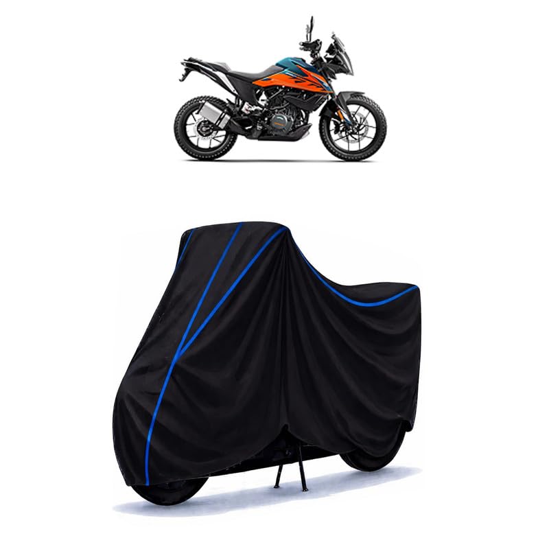 Image of KTM 390 Adventure X Standard Bike Cover Water Resistant Universal Motorcycle Rain | Heavy Duty UV Protection, Dust, Scratch Indoor Outdoor All Weather with Black Blue Piping Elastic
