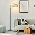 YJSQOEOE Rattan Floor Lamp for Living Room, Tall Pole Lamp with Adjustable Drum Shade, Foot Switch& Romote, Height Ajustment, Over Couch Arched Floor Light for Reading Bedroom Bulb Included