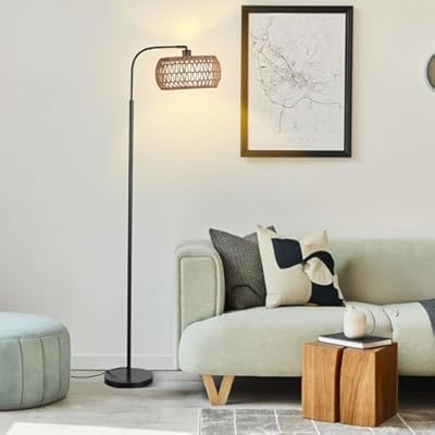 YJSQOEOE Rattan Floor Lamp for Living Room, Tall Pole Lamp with Adjustable Drum Shade, Foot Switch& Romote, Height Ajustment, Over Couch Arched Floor Light for Reading Bedroom Bulb Included