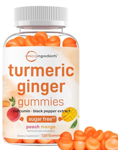 Turmeric Ginger Gummies 120 Count | Sugar Free Peach Mango Flavored | Extra Strength Curcumin with Black Pepper for Enhanced Absorption | Non-GMO