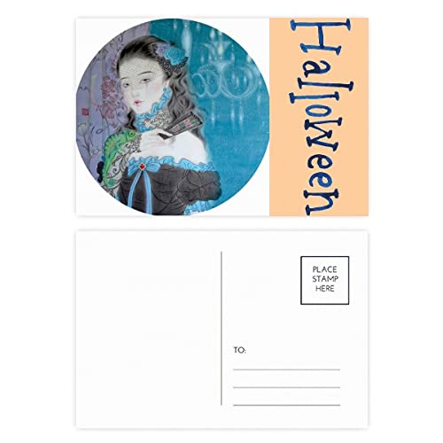 Cartes postales d'Halloween style chinois en aquarelle bleu captivante