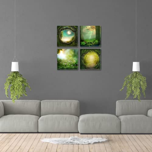 Green Forest Wall Art Prints Funny Wonderland Canvas Paintings 4 Pieces Nature Landscape Pictures Fairyland Artwork For Nursery Living Room Bathroom 12"X12" #TOP1