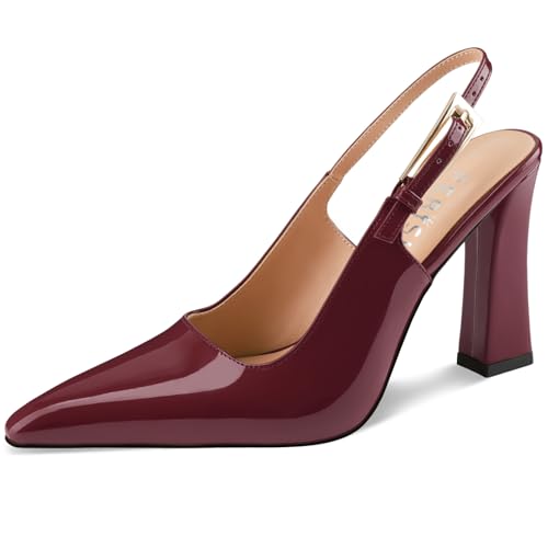 Women's Block high Heels Slingback, Pointed Closed Toe Ankle Strap Fashioned Patent Leather Pumps Shoes.