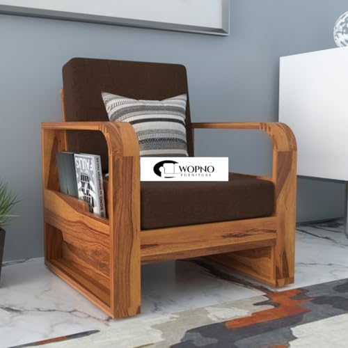 Image of Solid Sheesham Wooden 1 Seater Sofa for Living Room | Sofa with Side Pocket Storage & Cushion | Rosewood Sofa Set for Home (Honey with Brown Cushion, 1 Seater)