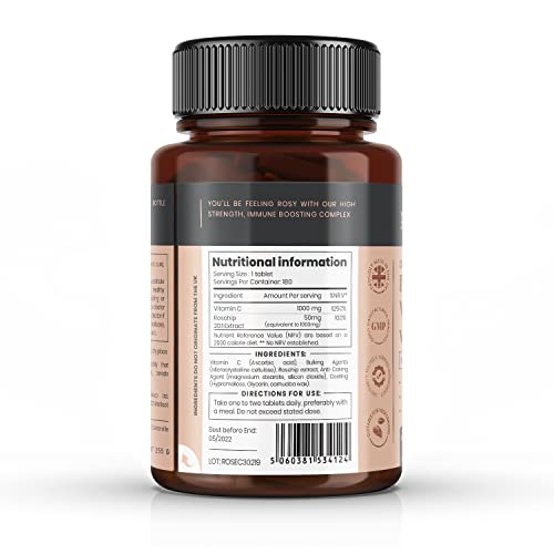 VITAMIN C mit HAGEBUTTE - 2000 mg (1000 mg Vit C & 1000 mg Hagebuttenextrakt) x 180 TABLETTEN - 6 MONATE VORRAT! Artikelnummer: ROSEC3