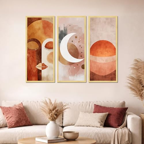 Image of PAINTINGMANTRA Abstract Face & Celestial Framed Wall Art Set of 3 | Modern Boho Art Prints with Engineered Wood Frame | Wall Decor for Living Room, Bedroom & Office, 8.9x18.9 Inch